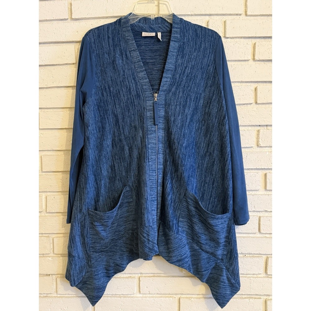 Logo by Lori Goldstein Women's Knit Cardigan Faux Suede Blue Zip Front‎ Small